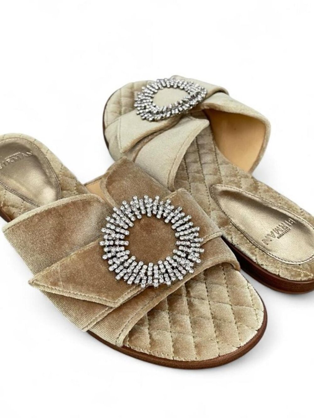 Alexandre Birman Madelina Beige Velvet Crystal Brooch Quilted Slide Sandals 36.5